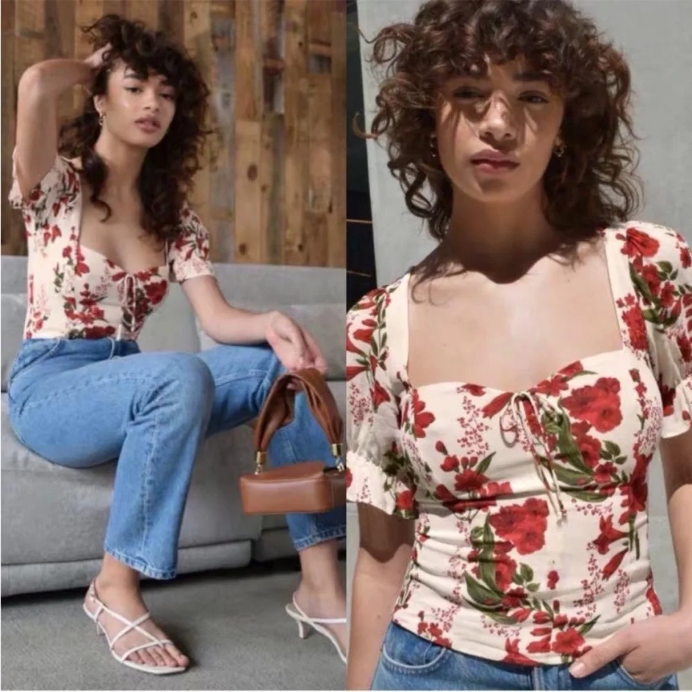 Reformation Cream Floral Sweetheart Top with Red Roses